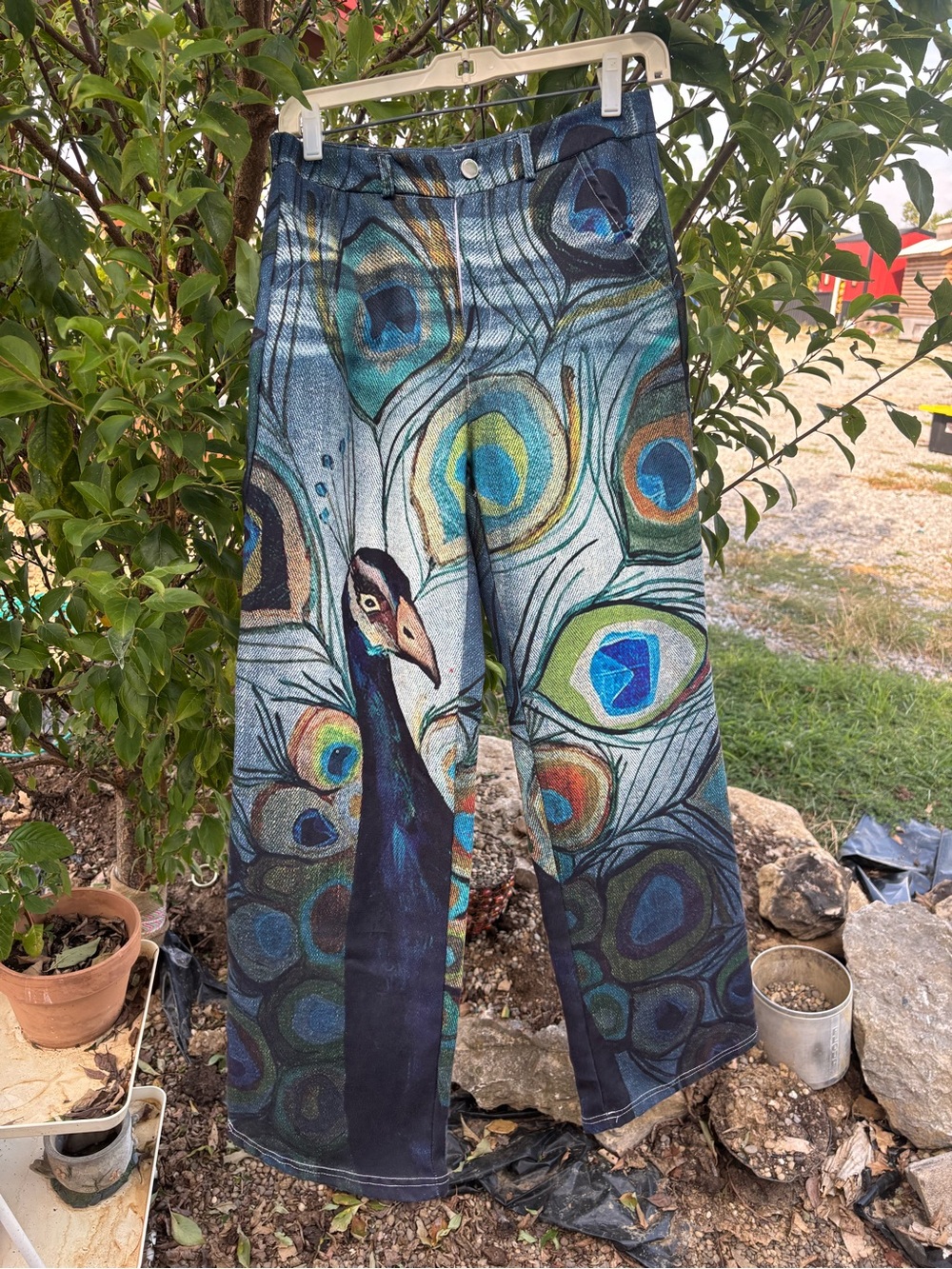 Women’s Peacock Print Wide Leg Pants Small Blue Green Statement Art Unbranded